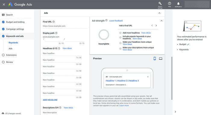 Google Ads响应式搜索广告RSA创建界面 - 展示多标题多描述组合优化功能